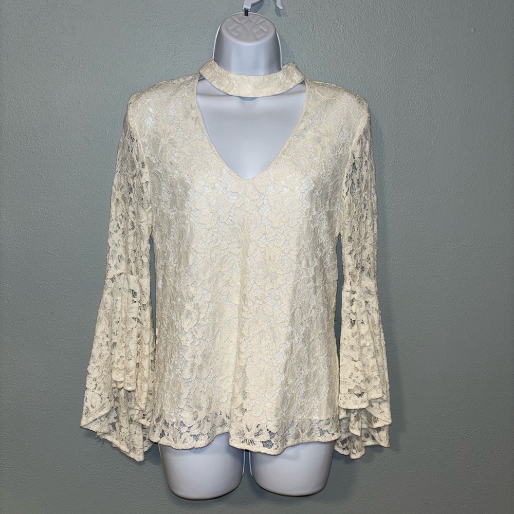 WAYF Choker Neck Pearl Floral Lace Bell Sleeve Lined Blouse Boho Top Sz S